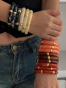 Multi-Color Resin Bangle Set with Gold Accents | Stackable Dopamine & Vintage Chic Gift for Her, Daily & Party Looks, Trendy Stack Bangle