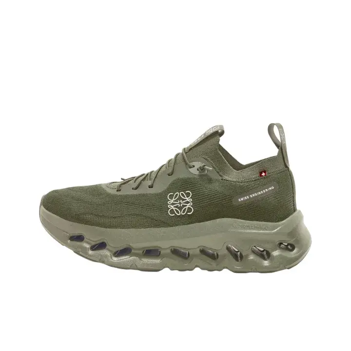 Army green seamless knit hollow cushioned sneakers, rugged wave sole delivers steady support for hiking & outdoor adventures