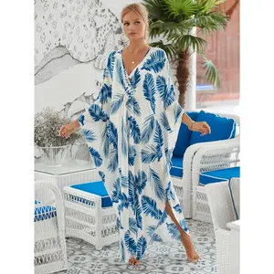 Takchita Dress for Women - Boho Floral Print V-Neck Batwing Sleeve Maxi Kaftan | Beach Cover Up for Honeymoon, Island Vacation, Pool Party & Resort Wear