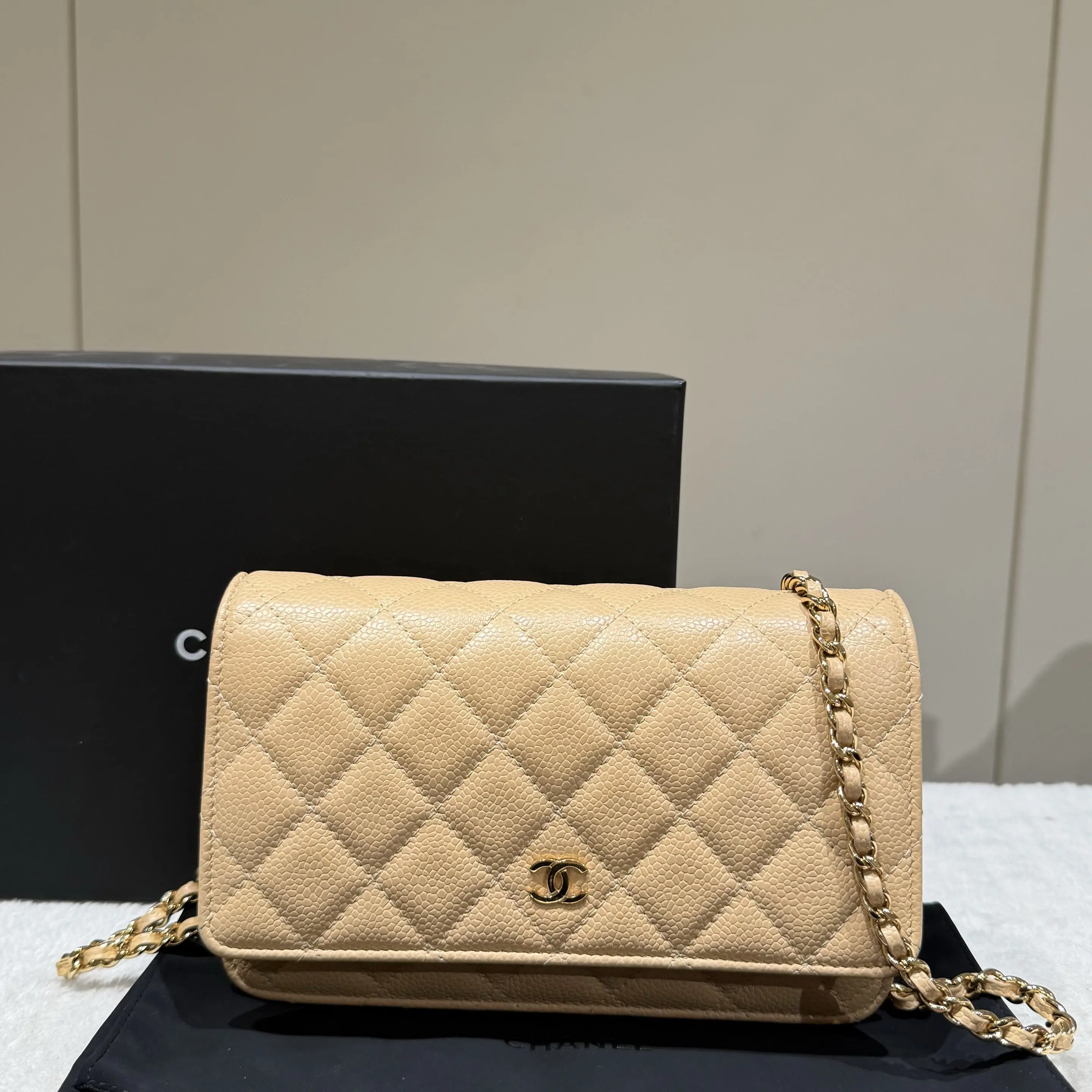 Pre-owned CHANEL leather Shoulder Bags WOC Beige Caviar Gold Hardware Crossbody Bag with Chip 87255950 SH
