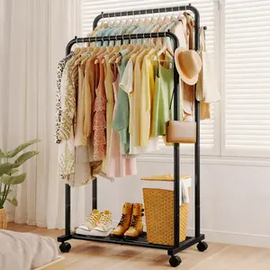 Heavy Duty Double Rod Clothes Rack with Wheels, Metal Rolling Garment Rack with Bottom Mesh Shelf, Easy Assembly, Black