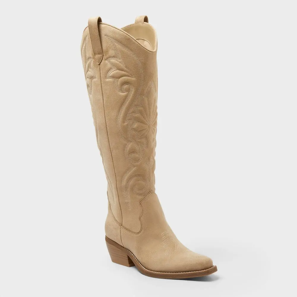 Women's Kenzie Knee-Height Western Boots, Tan, Size 10, Round Toe, Block Heel, Plain, Polyester Blend
