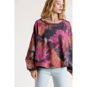 Umgee Full Size Tie Dye Round Neck Long Balloon Sleeve Top Plus Size