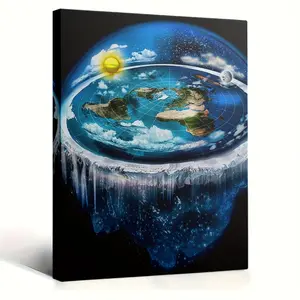 2D Flat Earth Map Canvas Art with Sun, Moon, and Stars, Bright Blue and Green Globe Design, Suitable for Home Decoration, Office, Classroom, Game Room - Unique Gift for Theorists, Earth Decoration