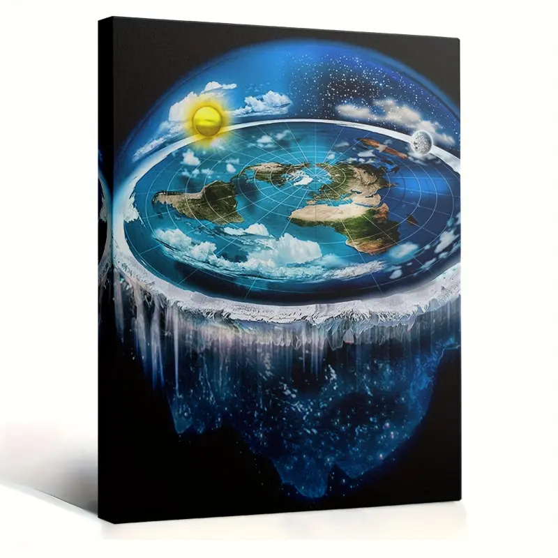 2D Flat Earth Map Canvas Art with Sun, Moon, and Stars, Bright Blue and Green Globe Design, Suitable for Home Decoration, Office, Classroom, Game Room - Unique Gift for Theorists, Earth Decoration
