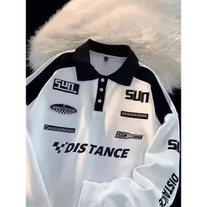 Japanese Lapel Racing Suit Top - Men's Spring & Autumn Trendy Brand Polo Shirt, Retro Style, Long-Sleeved Fabric for Gifts