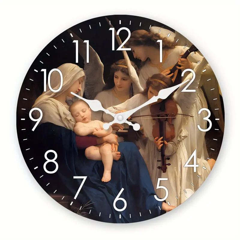 Starry Religious Christmas Wall Clock - Silent Quartz Movement, Mary, Jesus and Three Angels Design, Elegant Religious Home Decor, Suitable for Living Room, Church, Christmas - Acrylic Construction - Batteries Not Included - Spiritual Gift Idea, Church De