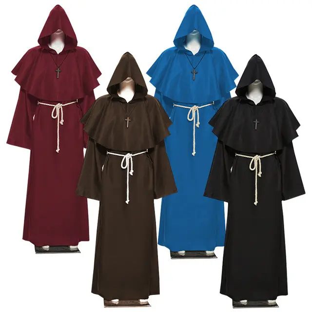 Men's Medieval Monk Robe - Hooded Linen Breathable Plain Simple Contemplation Clothes, Loose Generous Floor-Length Full-Coverage Costume with Matching Rope Belt, Multi-Size Durable Menswear for Halloween, Role-Playing