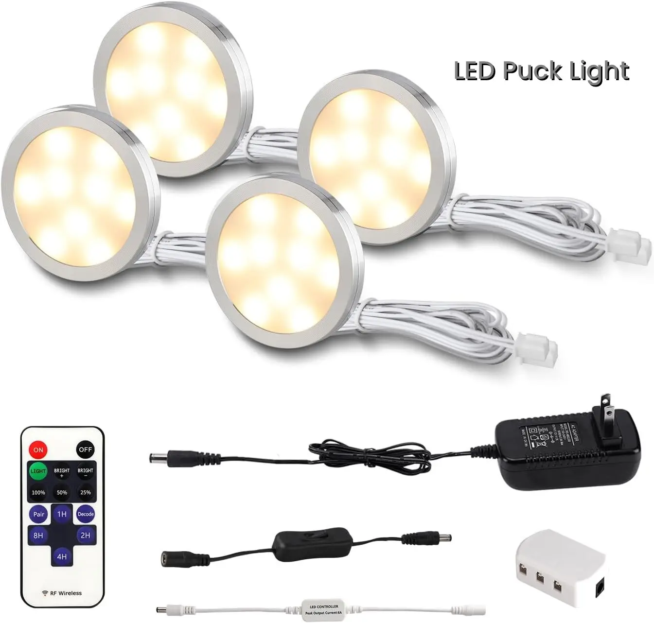 LED Cabinet Light with Remote Control – 10-Level Dimmable Under Cabinet Lighting, Slim Design, 12V Adapter, Wide Beam for Kitchen Bookshelf Showcase Wine Cabinet Dresser (Set of 4)