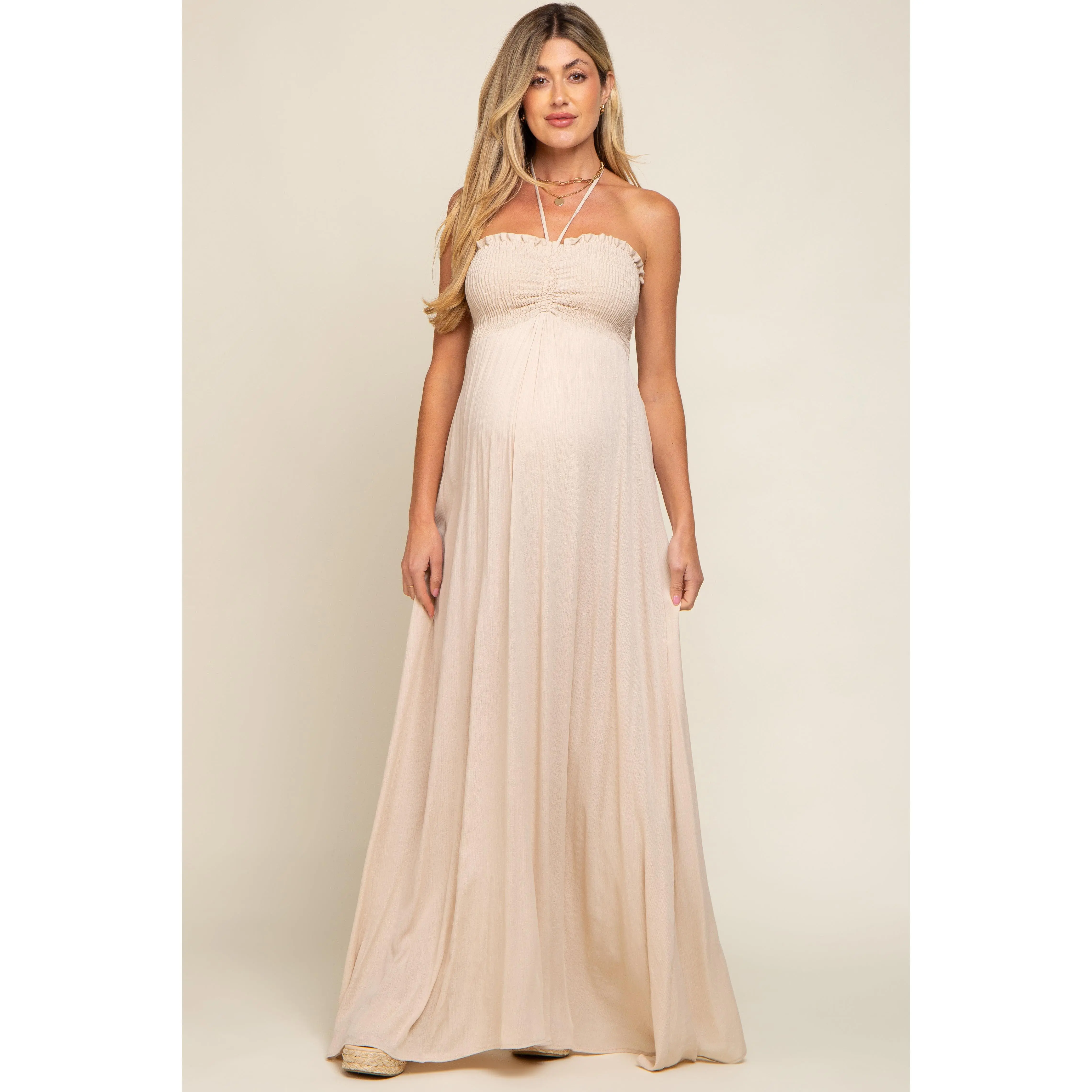 Beige Smocked Halter Maternity Maxi Dress