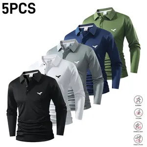 5-piece set of men’s long-sleeve collared shirts featuring stylish graphic prints; soft, breathable casual tops ideal for business casual wear, everyday outfits, and tennis training—an essential addition to any men’s wardrobe.