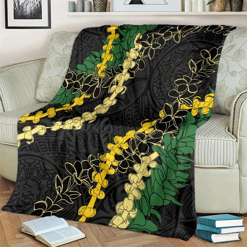 Luxurious Hawaiian-Inspired Digital Print Flannel Fabric Blanket - Black Obsidian with Golden Accents, Geometric Pattern, 250-300Gsm, All-Season Comfort, Machine Washable, Luxurious Hawaiian Bedding & Throws for Sofa, Bedroom