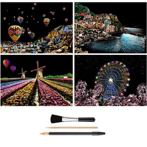 Scratch & Sketch Art for Kids & Adults, Rainbow Painting Night View Scratchboard(A4), Art & Craft, 4 Sheets Scratch Cards & Drawing Pen, Clean Brush