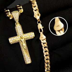 14K gold-plated Jesus cross necklace, unisex, 22/24 inches in size, available in three chain styles. A perfect gift choice for religious devotees.