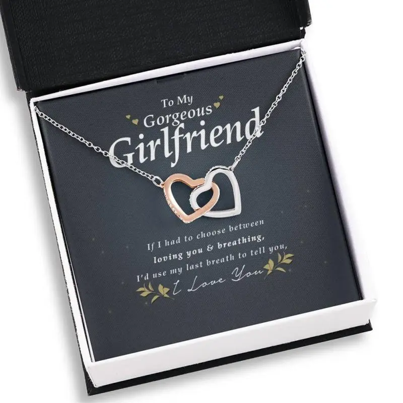 Interlocking Heart Necklace for My Gorgeous Girlfriend - Anniversary Gift, Custom Message Card & Gift Box for Personalized Women Jewelry