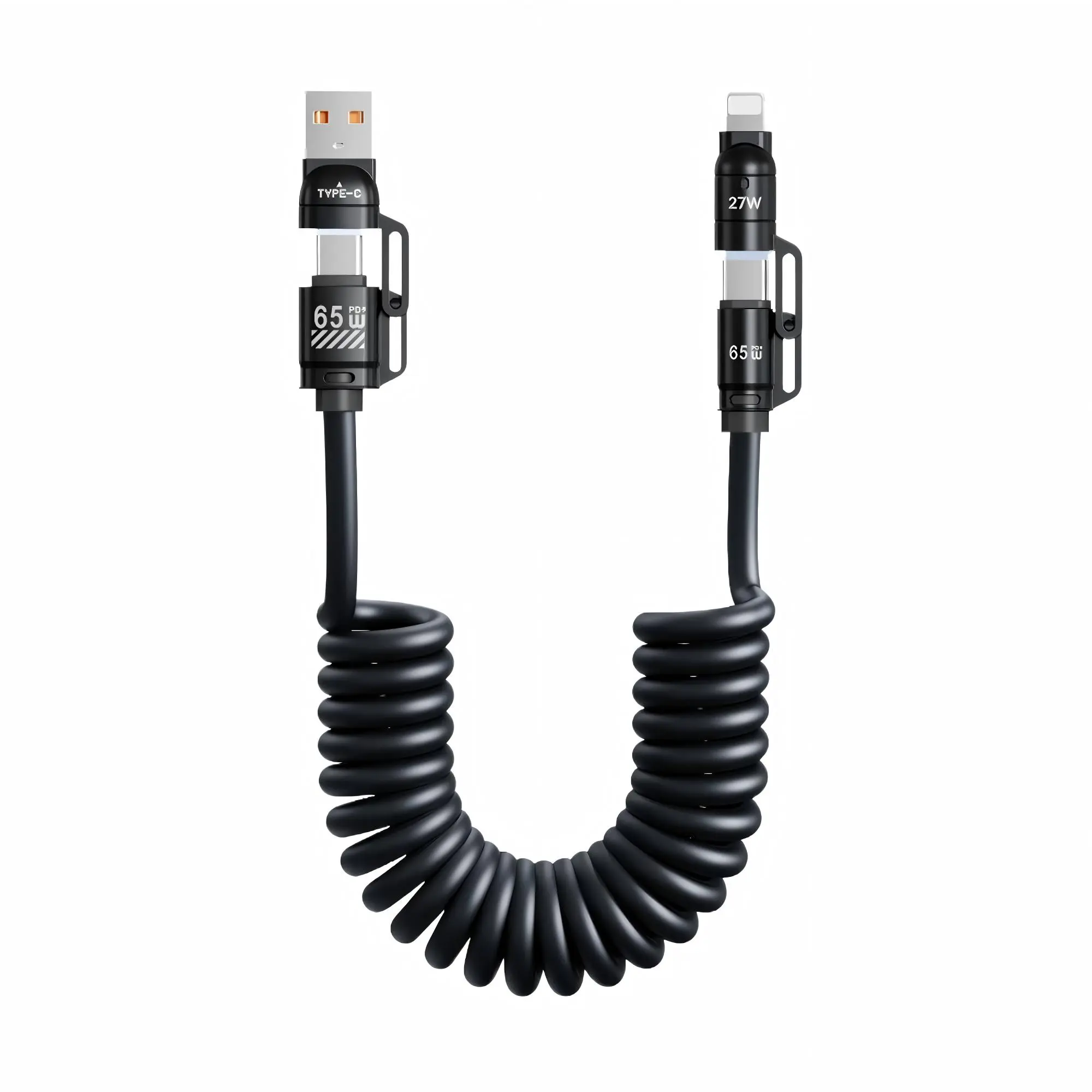 65W 4-in-1 Retractable Coiled Fast Charging Cable, USB-C/Lightning for iPhone, Android Phone, Tablet, Laptop, Compatible with Car Chargers