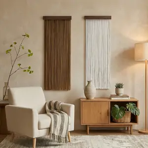 1pc Wall Hanging Tapestry, Tassel Fringe Design, Wood & Soft String Finish, Home Decor for Living Room or Bedroom, Modern Boho Theme, Ideal for Adding Texture and Minimalist Style to Your Walls