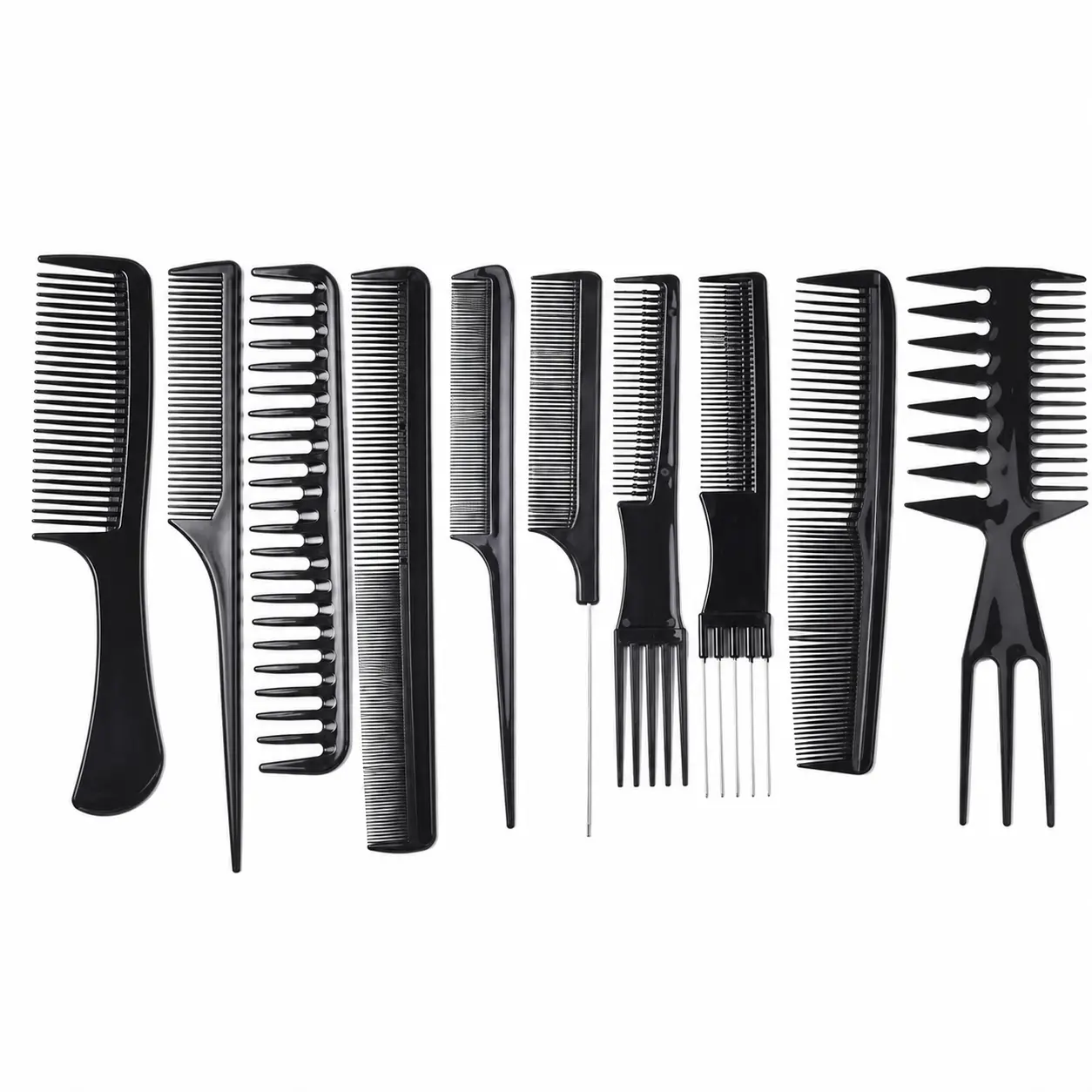 10 Piece Professional Hair Styling Comb Set Rat Tail Wide Tooth Barber Combs and Hair Picks for Parting Detangling Cutting and Salon Styling Black