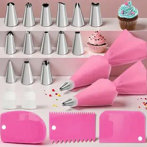 21 Pcs Piping Bags and Tips Set with 14 Stainless Steel Piping Tips, 2 Reusable Pastry Bag 2 Couplers and 3 Cake Scrapers, Cake Decorating Tips Set for Cupcakes Cookies Making, Pink