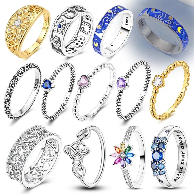 925 Sterling Silver Rings Sparkling Starry Night Heart Firefly Vintage Rings for Women Wedding Engagement Birthday Jewelry Gift