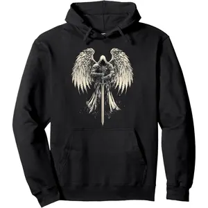 Men's Archangel Gabriel Warrior Graphic Hoodie - Cotton Blend Black Long Sleeve Pullover Regular Fit | Soft & Breathable Fabric, Durable Print, Everyday Comfort, Machine Washable, gothic fantasy mythical guardian