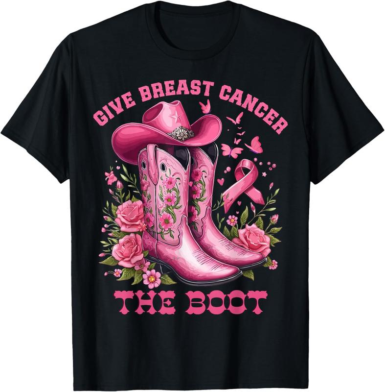Women's Breast Cancer Awareness Country Western Crew Neck T-Shirt - Lightweight Cotton, Short Sleeve, Floral Print, Retro Embroidered Cowgirl Boots & Quote Graphic, Relaxed Fit, Breathable Top