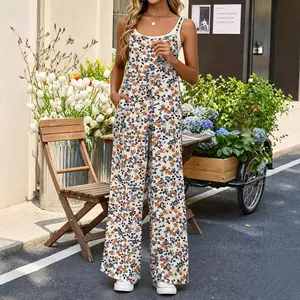 Women's Floral Print Sleeveless Spaghetti Strap Overalls - Casual Loose-Fit Jumpsuit with Adjustable Shoulder Straps, Practical Side Pockets, Summervibes Womenswear Clothes, Floral Print 1