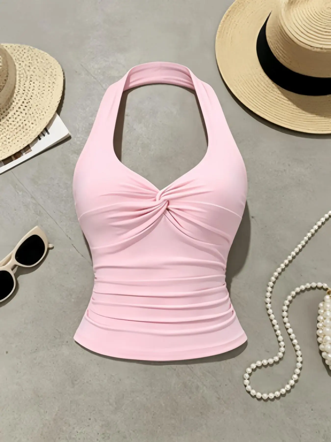 Women's Plain Ruched Tank Top, Slim-Fitting Strapless Sleeveless Top, Waist Cinching Design, Casual Style, Casual Summer Sleeveless, Single Piece Upper Garment