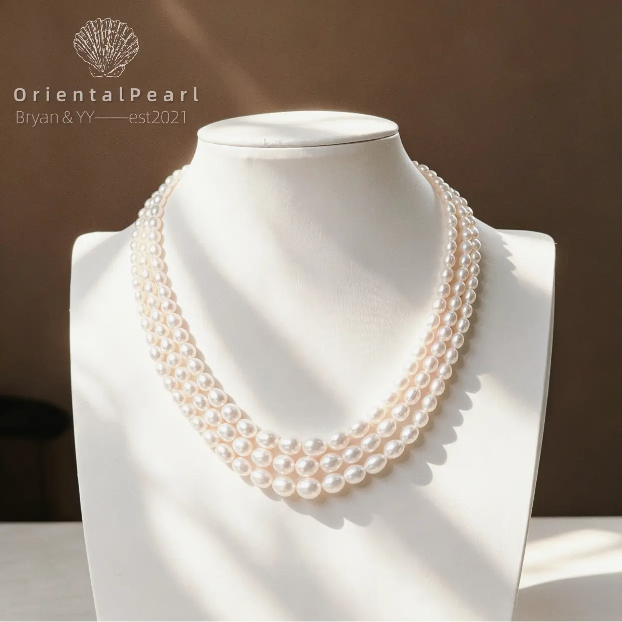 NC45-Layered Rice Shadows Necklace 3 layer Necklace Rice Shape Pearls Triple Layer with Silver Clasp Natural Pearl Necklace Luxury Gift