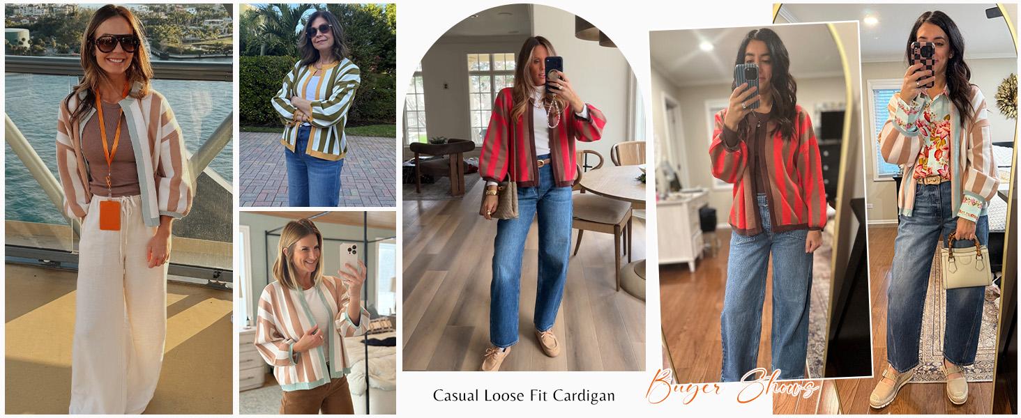 Yeokou Back to School Women's Striped Knit Cardigan, Casual Oversized Open Front Sweater, Long Balloon Sleeve, Baggy, Longsleeves, Loose, Knit Fabric