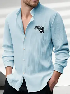 Men's Casual Solid Long Sleeve Shirt, Breathable Textured Fabric, Stand Collar with Button Front, Fun Billiard Print