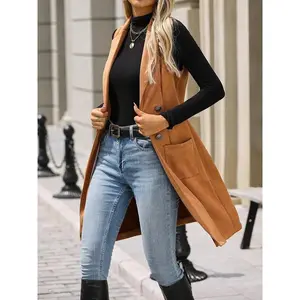 Women's Retro Fashion Long Vest, Slim-Fitting Double-Breasted Waistcoat, Lapel Collar Pocket Design, Fall & Winter Office Wear（gift）