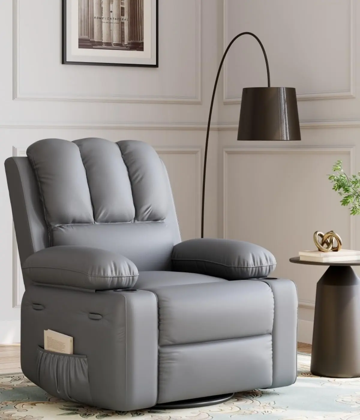 Rocking Recliner Chair - Oversized Massage Recliner with Heat - Swivel Manual Recliner with Cup Holder - Grey