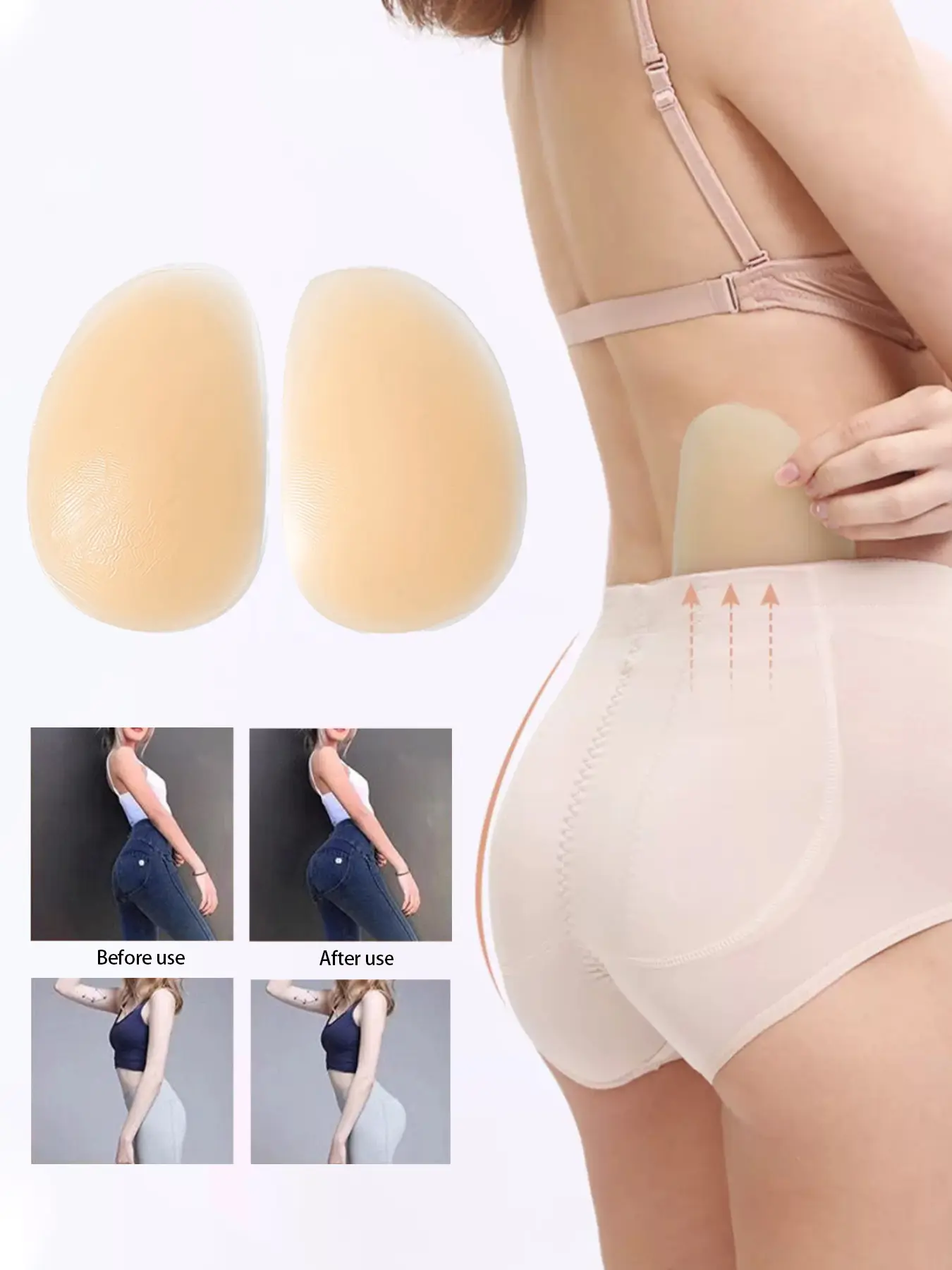 2pcs plus-size women's silicone hip and butt pads, with super sticky adhesion, Seamless, Smooth, naturally fitting teardrop shape, creating S-shaped figure, suitable for tight pants, bodycon skirts, Seamless adhesive pads