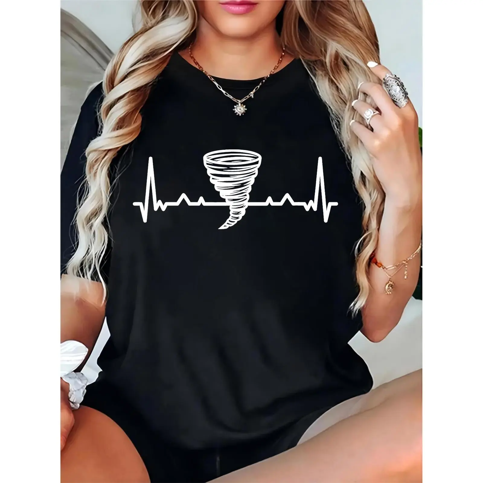 Women's Black Heartbeat Tornado Graphic T - Shirt, Casual Short Sleeve Tee for Weather Enthusiasts, Daily Wear & Outdoor Activities