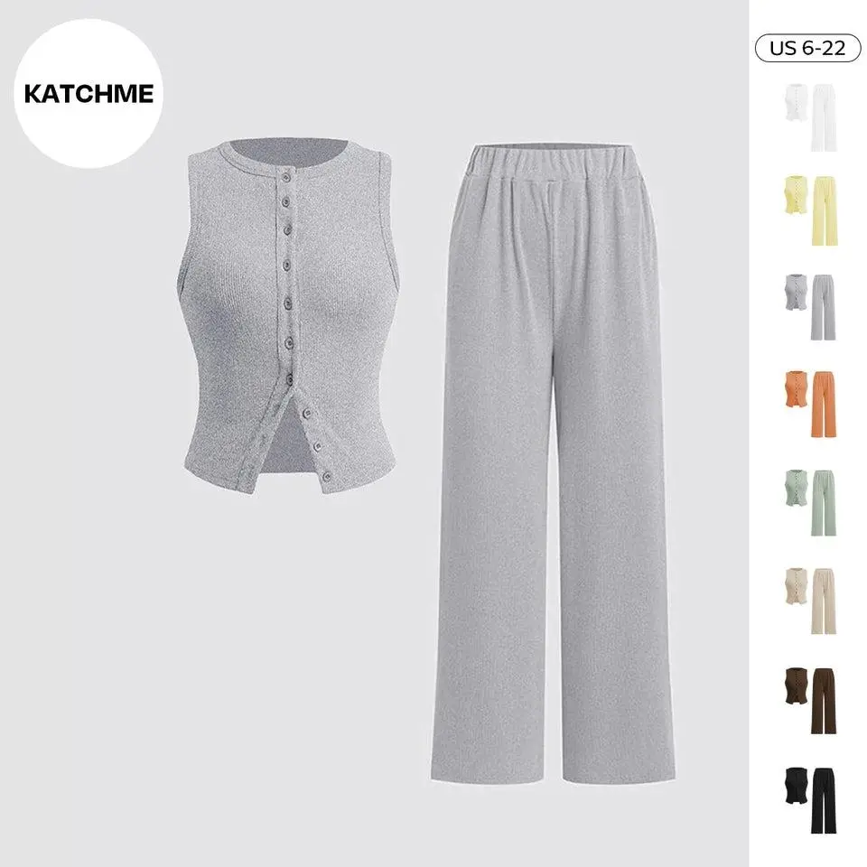 Ribbed Knit Button-Front Tank & Wide Leg Lounge Set