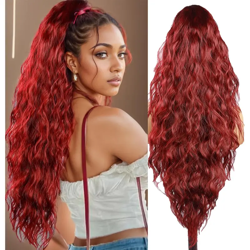 Red Ponytail Hair Extensions Synthetic 20 Inch 2 Pack Wavy Festival Accessories high red ponytail - TikTok Shop main image 4