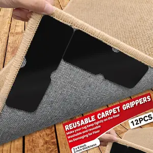 Rug Carpet Non Slip Grippers, Reusable Rug Tape, No Damaging for Hardwood Floors, Strong Hold Carpet Grippers for Area Rugs Corners Flat, 12Pcs