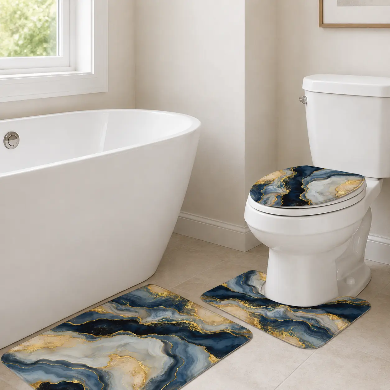 Blue and Gold Marble Bathroom Rug Set, 3-Piece Flannel Bath Mat Set with Non-Slip Rectangular Rug, U-Shaped Contour Mat and Toilet Lid Cover, Absorbent Modern Bathroom Decor,  Bathroom Supplies