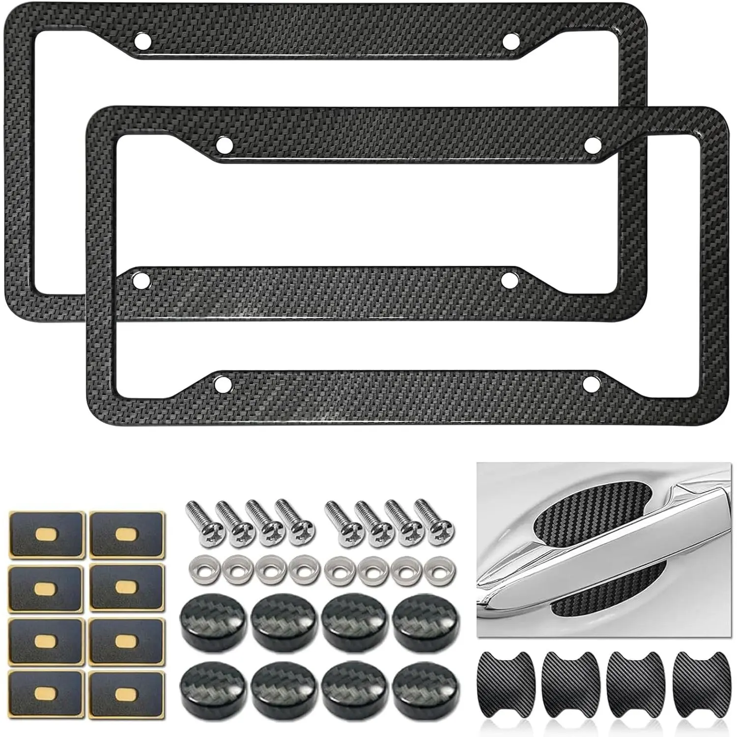 Carbon Fiber Pattern Aluminum License Plate Frames (2 Pack, 6" x 12" Standard Size) - Black Front & Rear Car Tag Holder Covers with Secure Fit, Mount Hardware, Screws, Caps, Handlebar Stickers