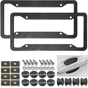 Carbon Fiber License Plate Frames- Black Carbon Pattern Aluminum Front & Rear Car Tag Holder Cover 2 Pack with Mount Hardware, Screws, Caps, Handlebar Stickers