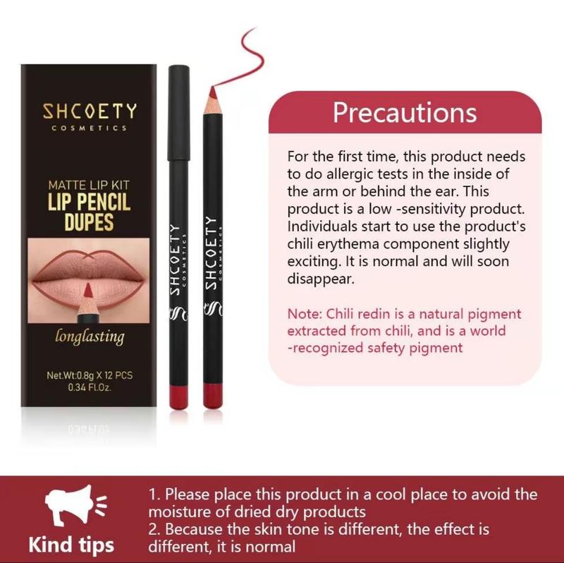 SHCOETY Cosmetics Matte Lip Liner Set - 12 Counts/Box, Long-Lasting, Waterproof, Easy Coloring Pencils, Multicolor, Beginner-Friendly, Professional Daily Makeup Kit