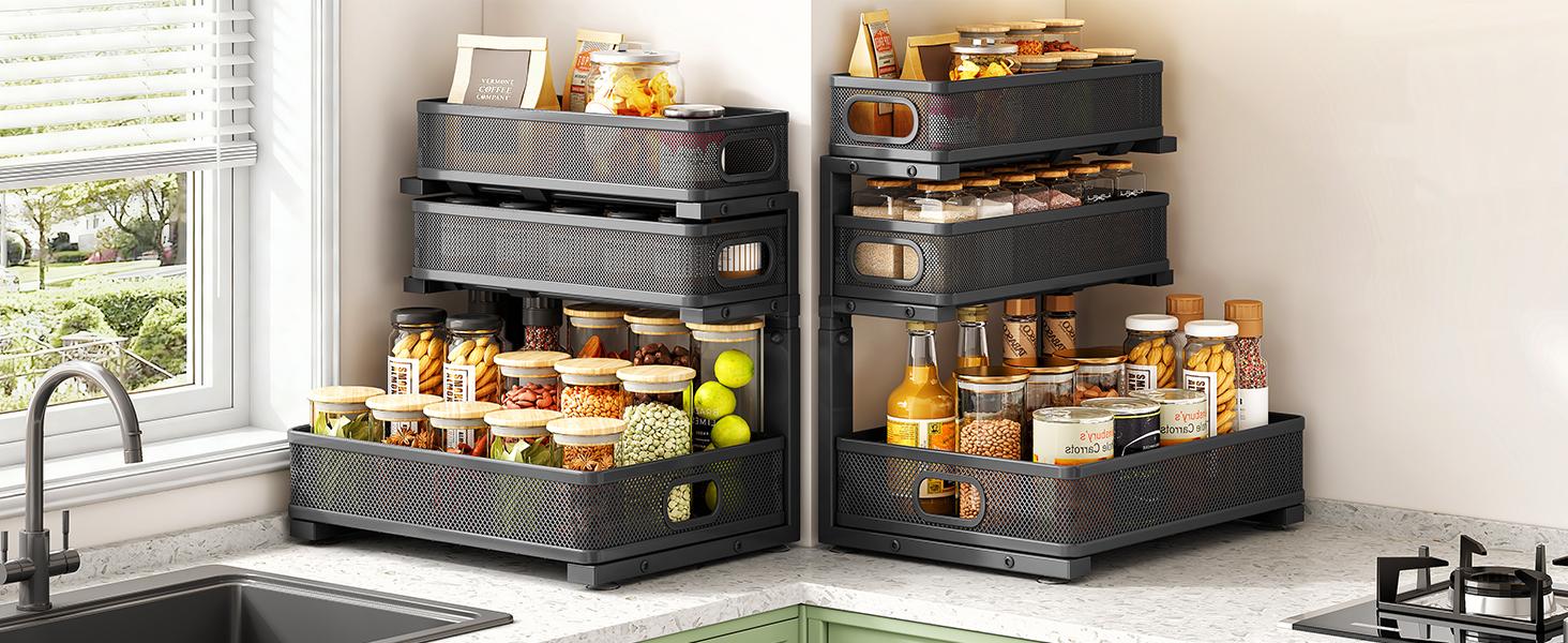 Kitstorack Under Sink Organizer, 2-Pack 3-Tier Height Adjustable Thickened Metal Pull out Cabinet Organizer Shelf, Slide out Storage Drawer Rack for Bathroom Kitchen Pantry Home Laundry Organization