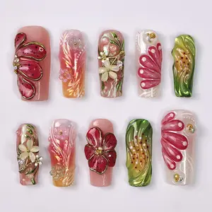 Press On Nails Petalia With Hibiscus | 3D Floral Fake Nails in Long Square | Handmade Spring Nail Art for Holiday, Vacation, Birthday