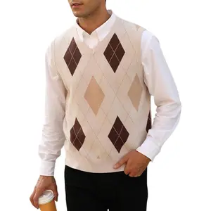 PASLTER Mens Argyle Knitwear Vest V Neck Sleeveless Casual Slim Fit Pullover Knitted Sweater Menswear Tops