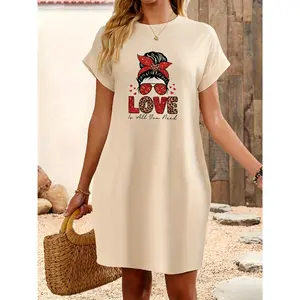 Women's Polyester Graphic Casual Dress - Loose, Smooth, Fresh & Breathable, Flattering for All Body Types, Ideal Loungewear Nightwear & Gift Choice