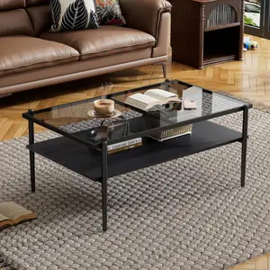 Modern Coffee Table with Gray Tempered Glass Top and MetalLegs, Rectangle Industrial Center Table for Living Room, Sofa Table with Sturdy Metal Frame