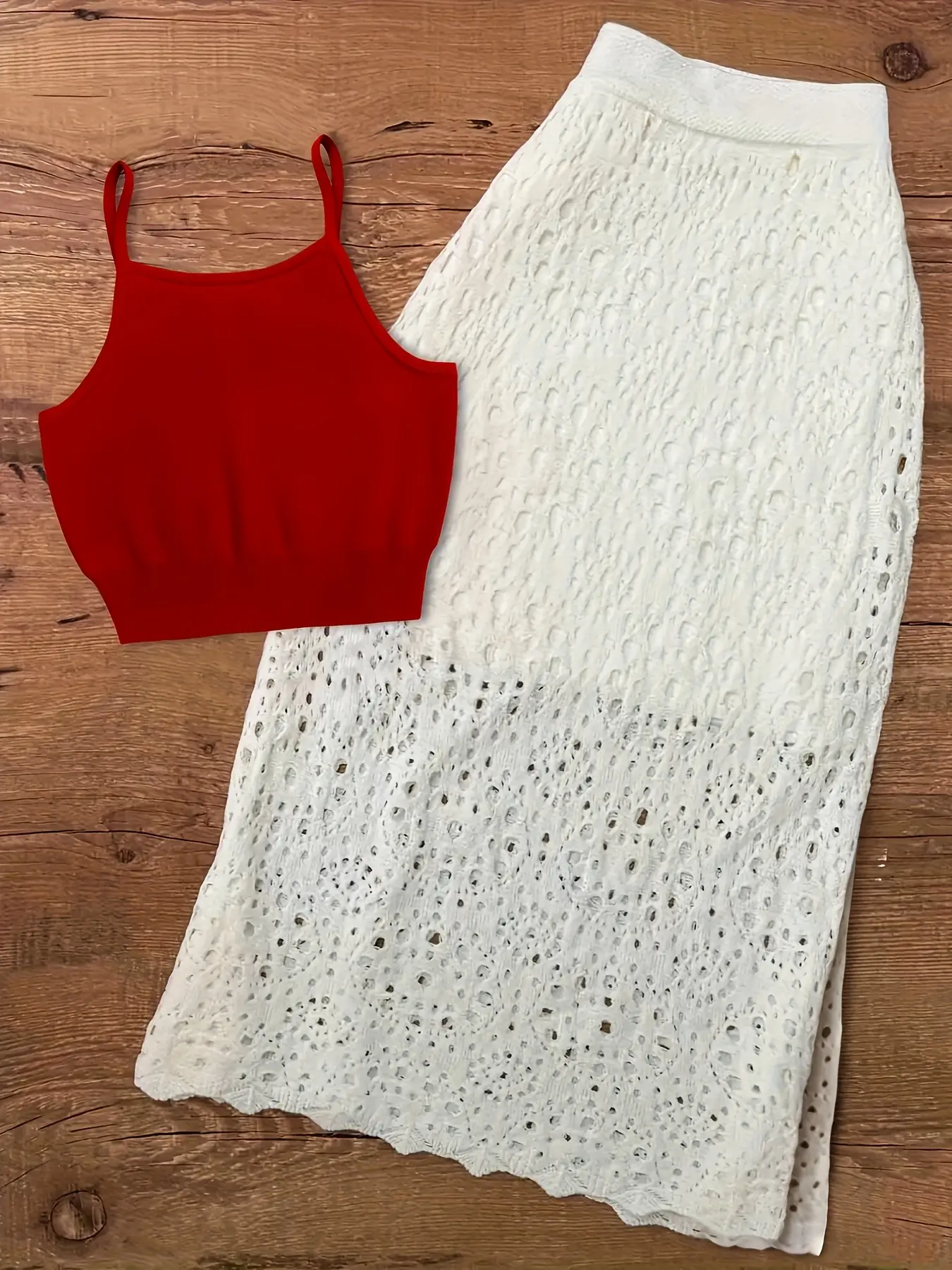 Women's Solid Color Vest and Hollow Out Skirt Set, Summer Sexy Sleeveless Short Top and Long Skirt, Daily Wear Clothing