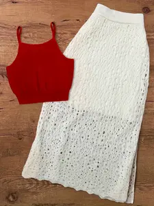 Women's Solid Color Vest and Hollow Out Skirt Set, Summer Sexy Sleeveless Short Top and Long Skirt, Daily Wear Clothing