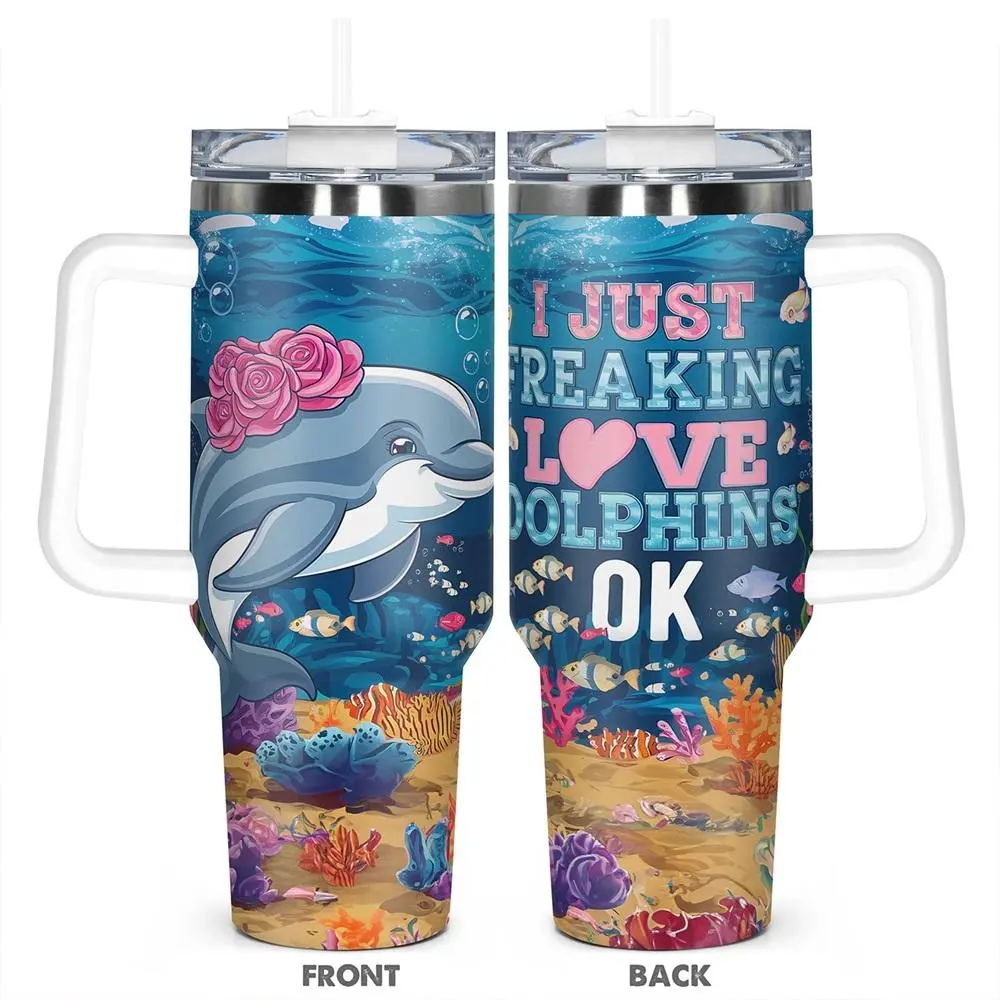 40oz Tumbler with Lid, Cute Dolphin Design Stainless Steel Water Bottle, Insulated and Durable, Gift for Any Occasion, Drinkware